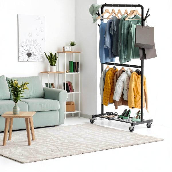 Simple Houseware Double Rod Garment Rack with Wheels Black Metal-3