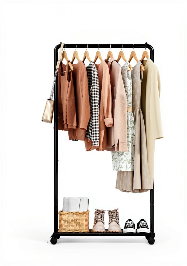 Clothes Rack - Clothing Rack with Wheels, Multi-Functional Clothing Racks for Hanging Clothes and Shoes, Large Capacity Garment Rack for Bedroom, Living Room and Office, Black, Medium-6