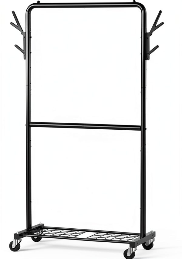Simple Houseware Double Rod Garment Rack with Wheels Black Metal-5